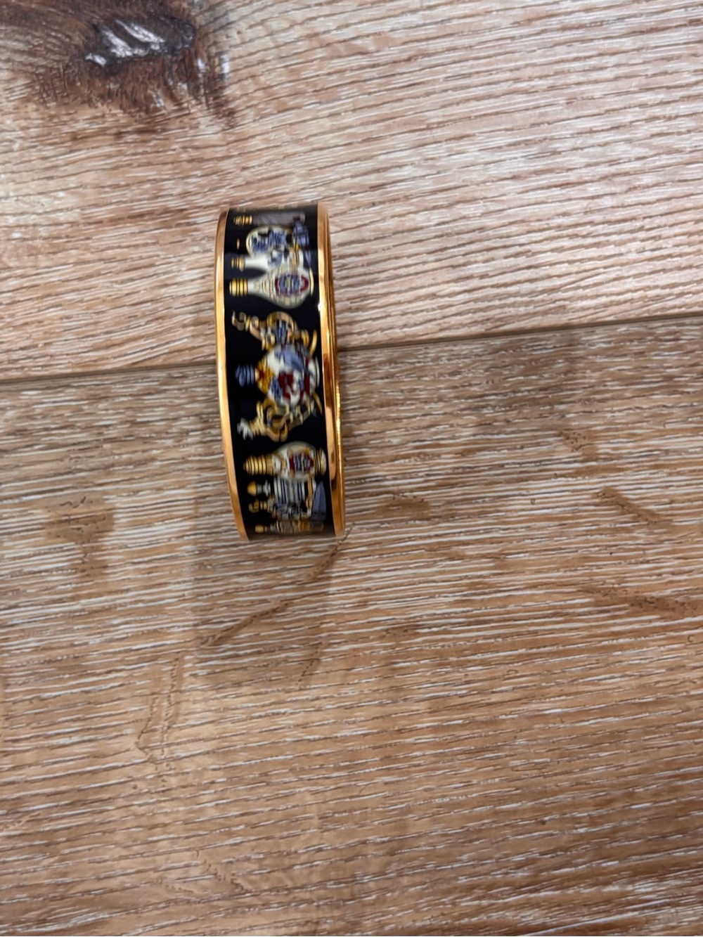 Hermes Black and Gold Enamel Bangle Bracelet with Heraldic Motif
